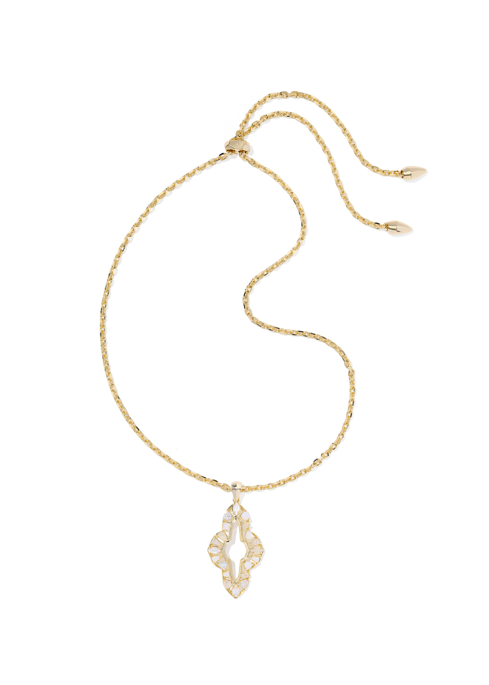 Gold necklace with a neutral stone colored pendant on a white background