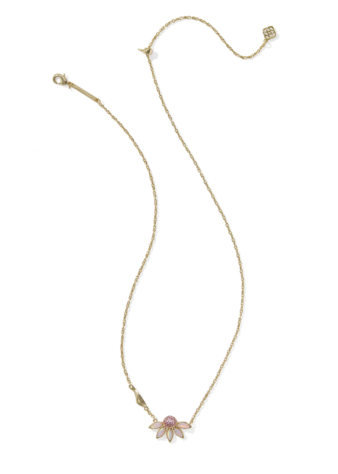 Gold necklace with a pink and white flower pendant