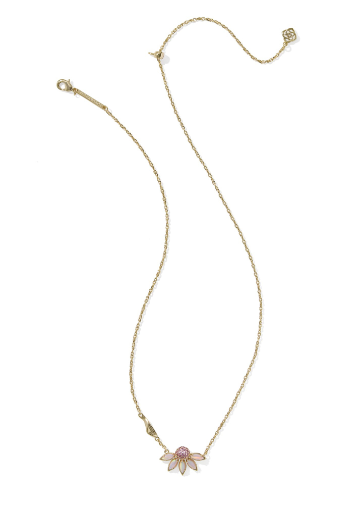 Gold necklace with a pink and white flower pendant