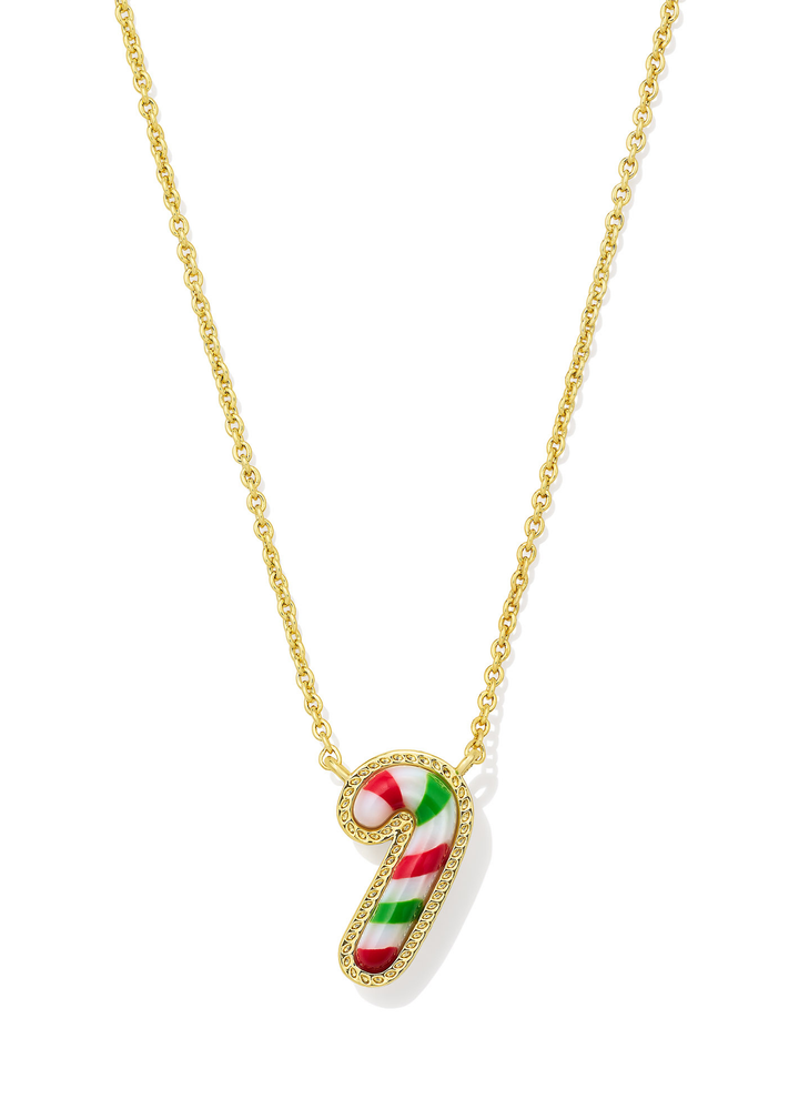 Gold necklace with a red, white, and green candy cane pendant