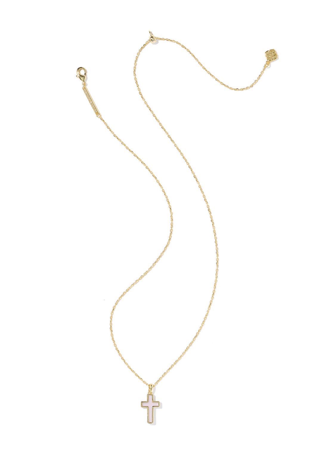 Gold framed cross pendant with a pink center stone on a gold chain