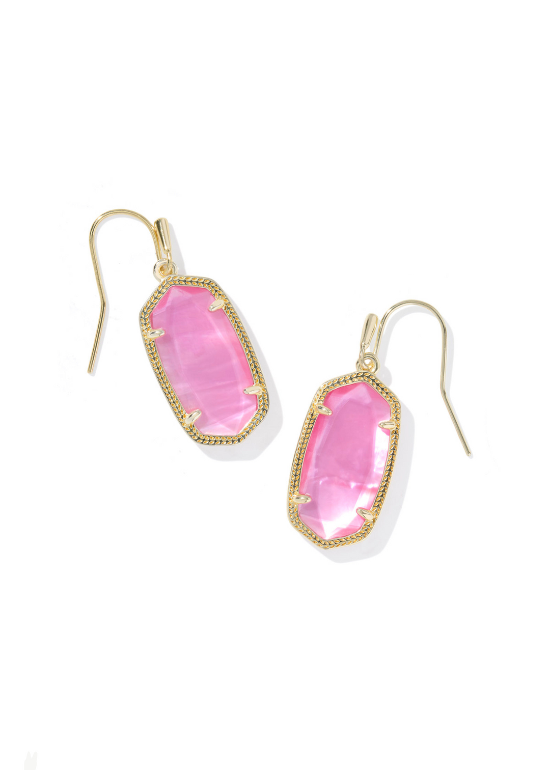 Women's gold framed drop earrings with a pink stone center on a white background