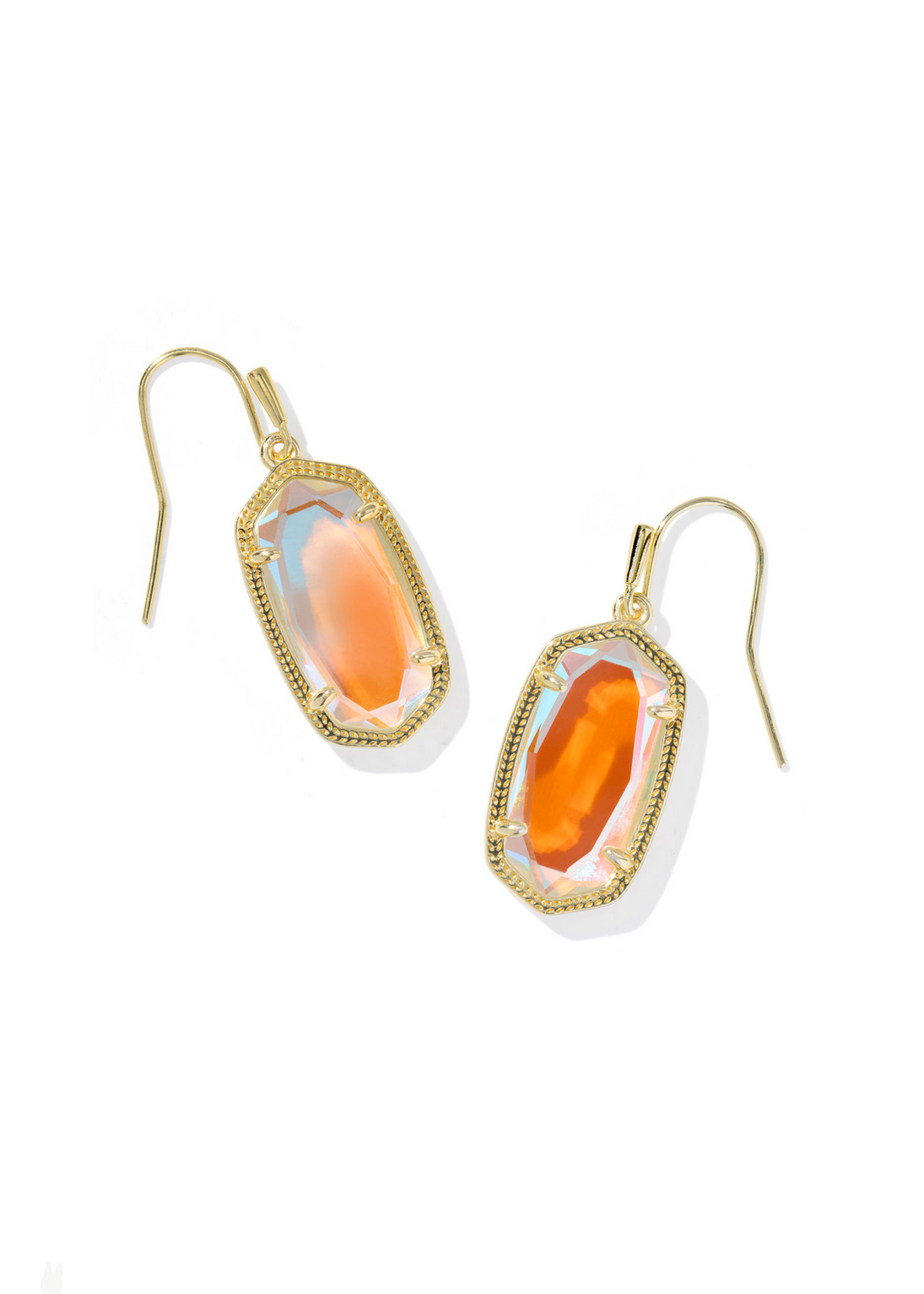 Women's gold framed drop earrings with a dichroic glass center stone