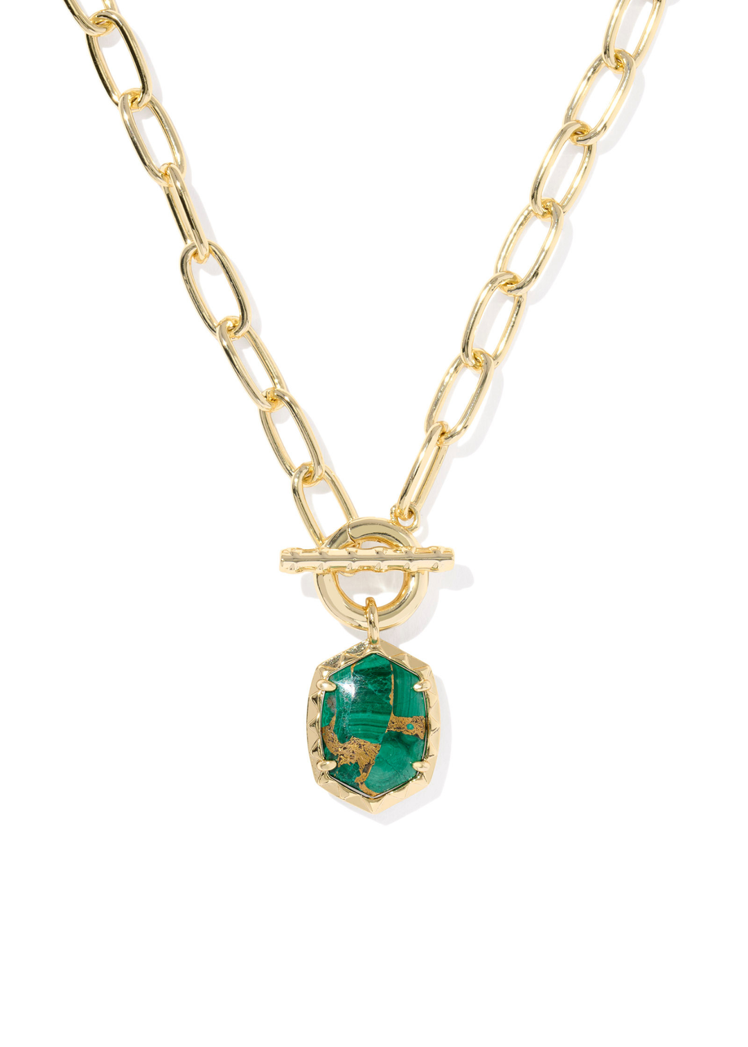 Gold link and chain necklace with a gold framed green malachite stone pendant on a white background