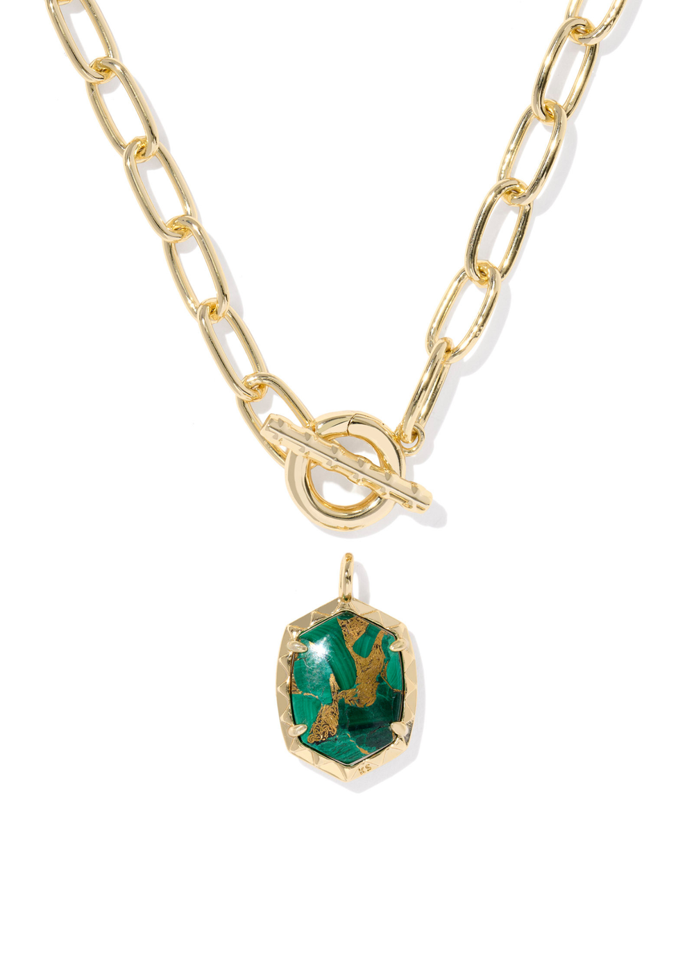 Gold link and chain necklace on a white background with a gold framed green malachite stone pendant 