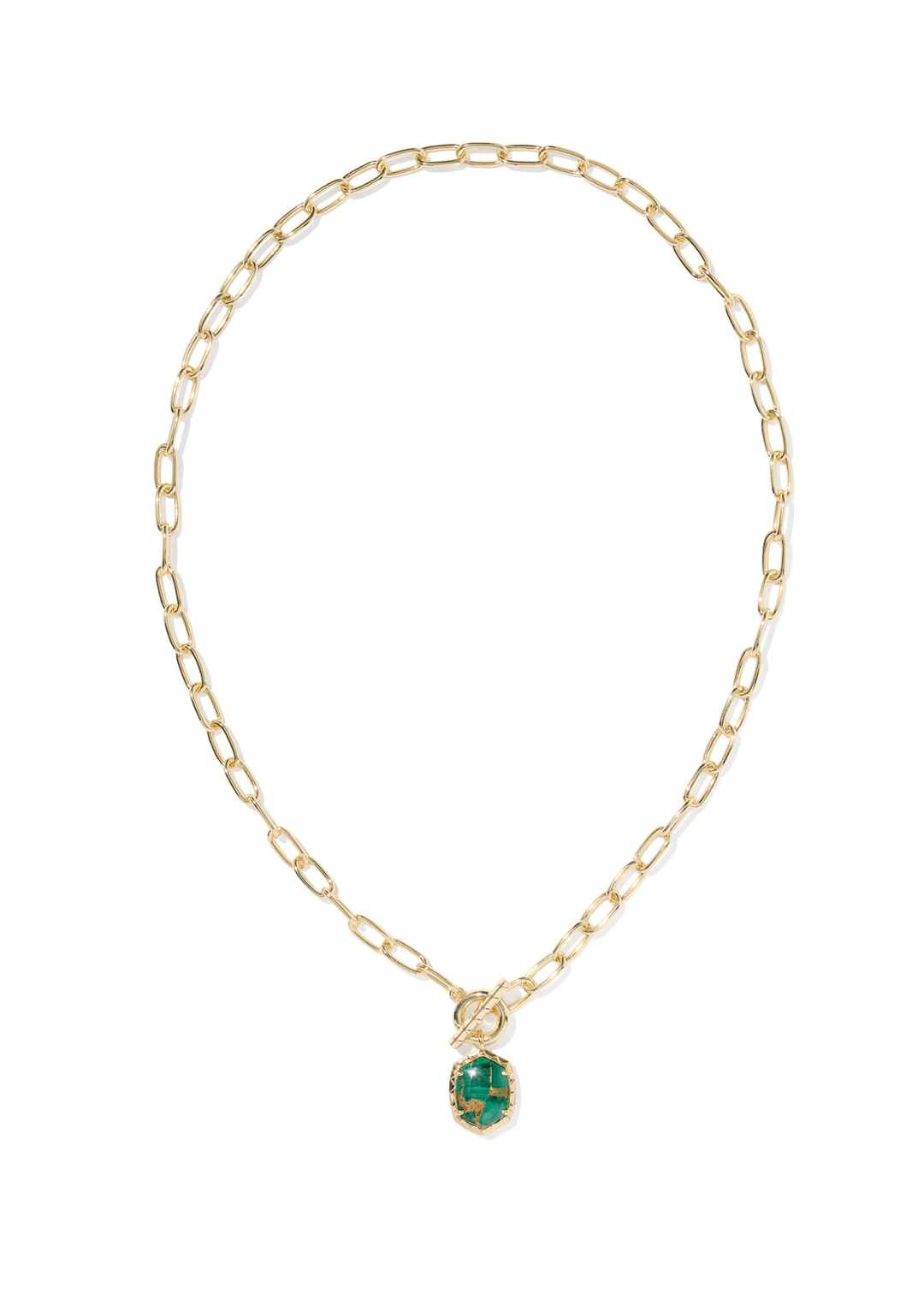 Gold link and chain necklace with a gold framed green malachite stone pendant on a white background