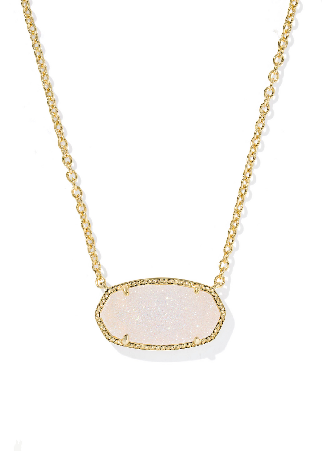 Women's gold chain necklace with an iridescent drusy stone on a white background