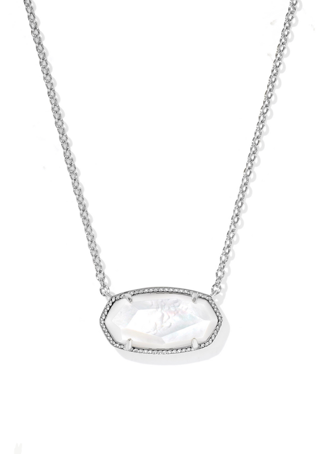 Women's rhodium chain necklace with an ivory mother of pearl pendant on a white background