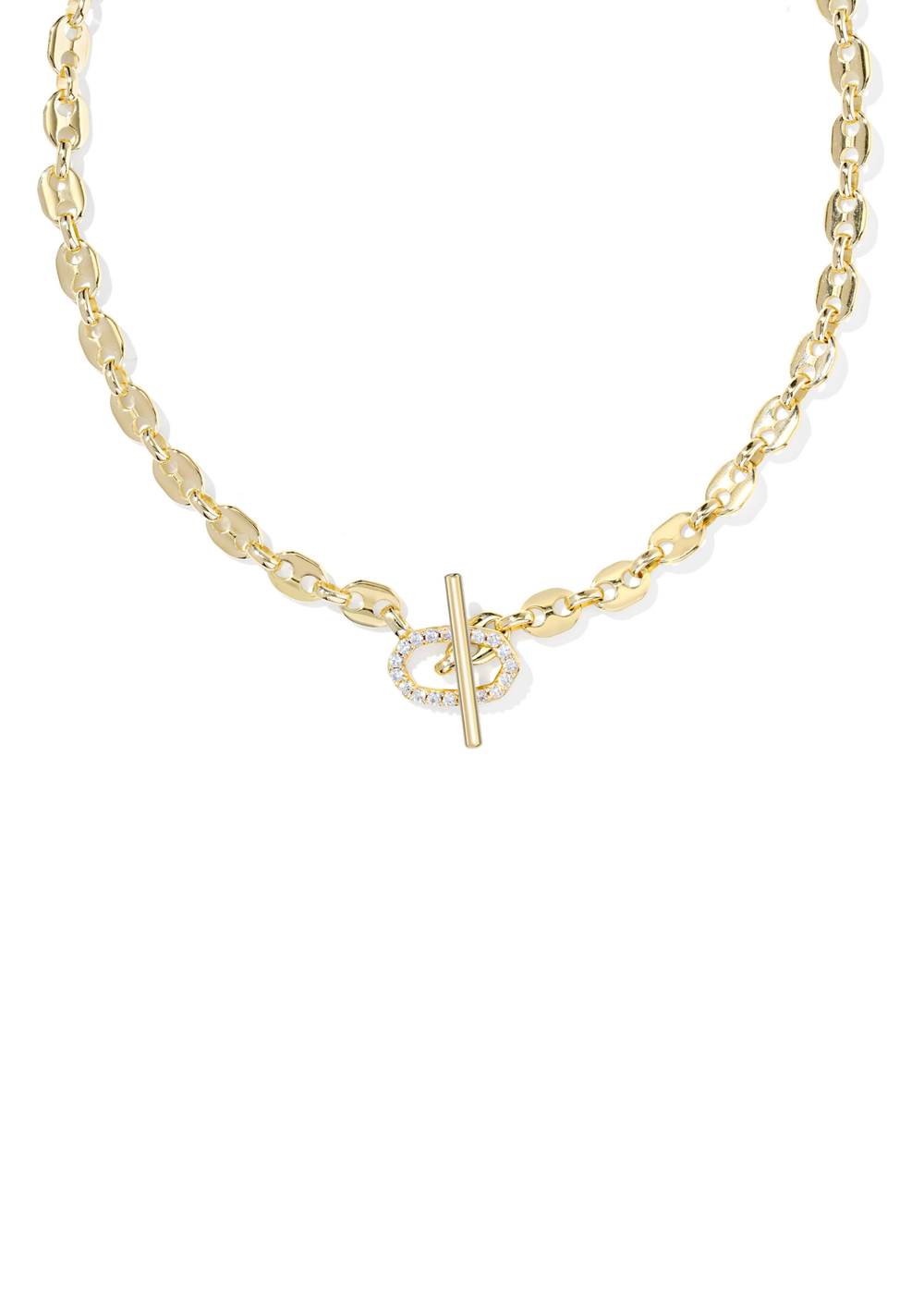 Gold link and chain necklace with a CZ studded toggle clasp on a white background