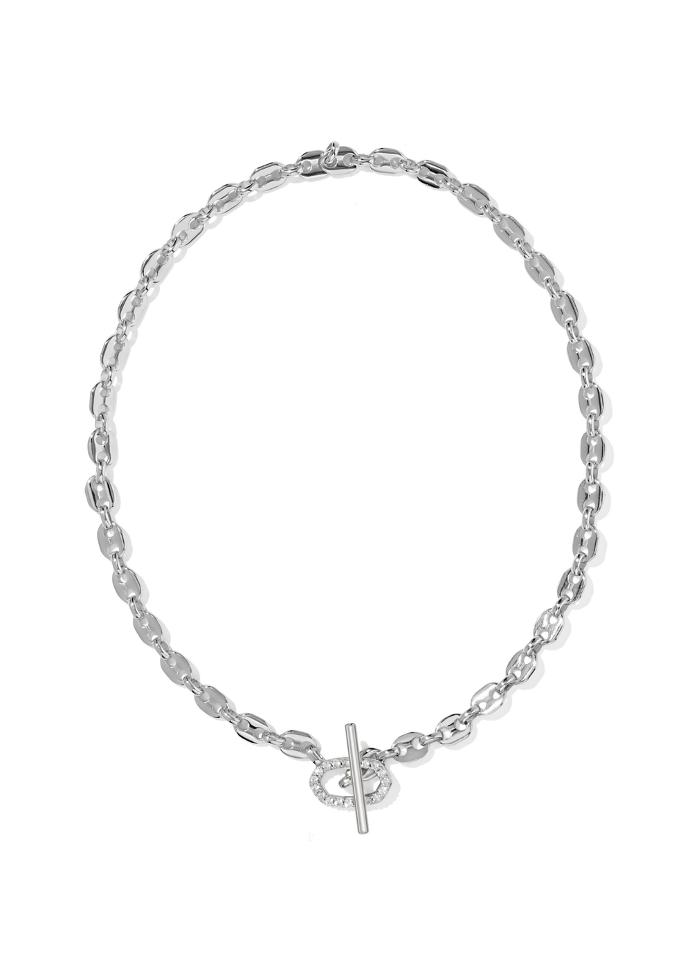 Rhodium link and chain necklace with a CZ studded toggle clasp on a white background