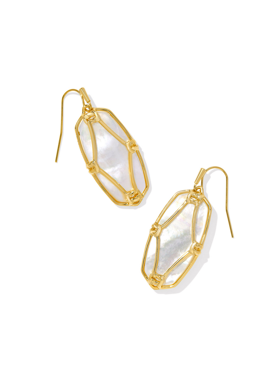 Kendra Scott Elle Lattice Frame Drop Earrings in Gold/Ivory MOP on a white background
