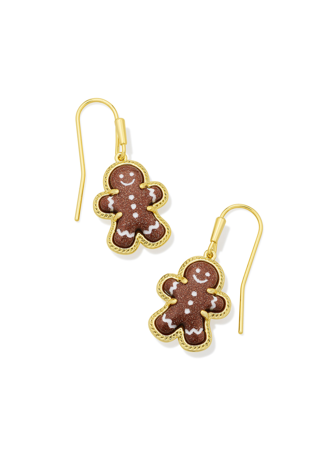 Gold drop earrings with brown sparkly gingerbread pendants on a white background