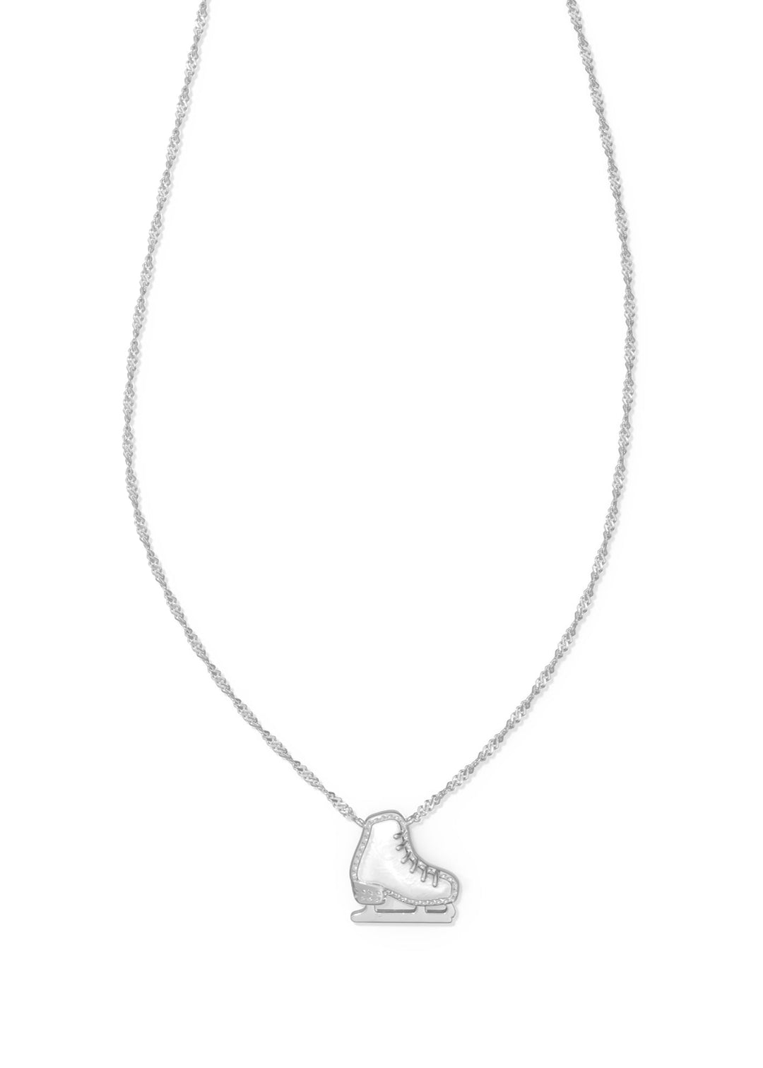 Silver ice skate pendant on a chain against a white background