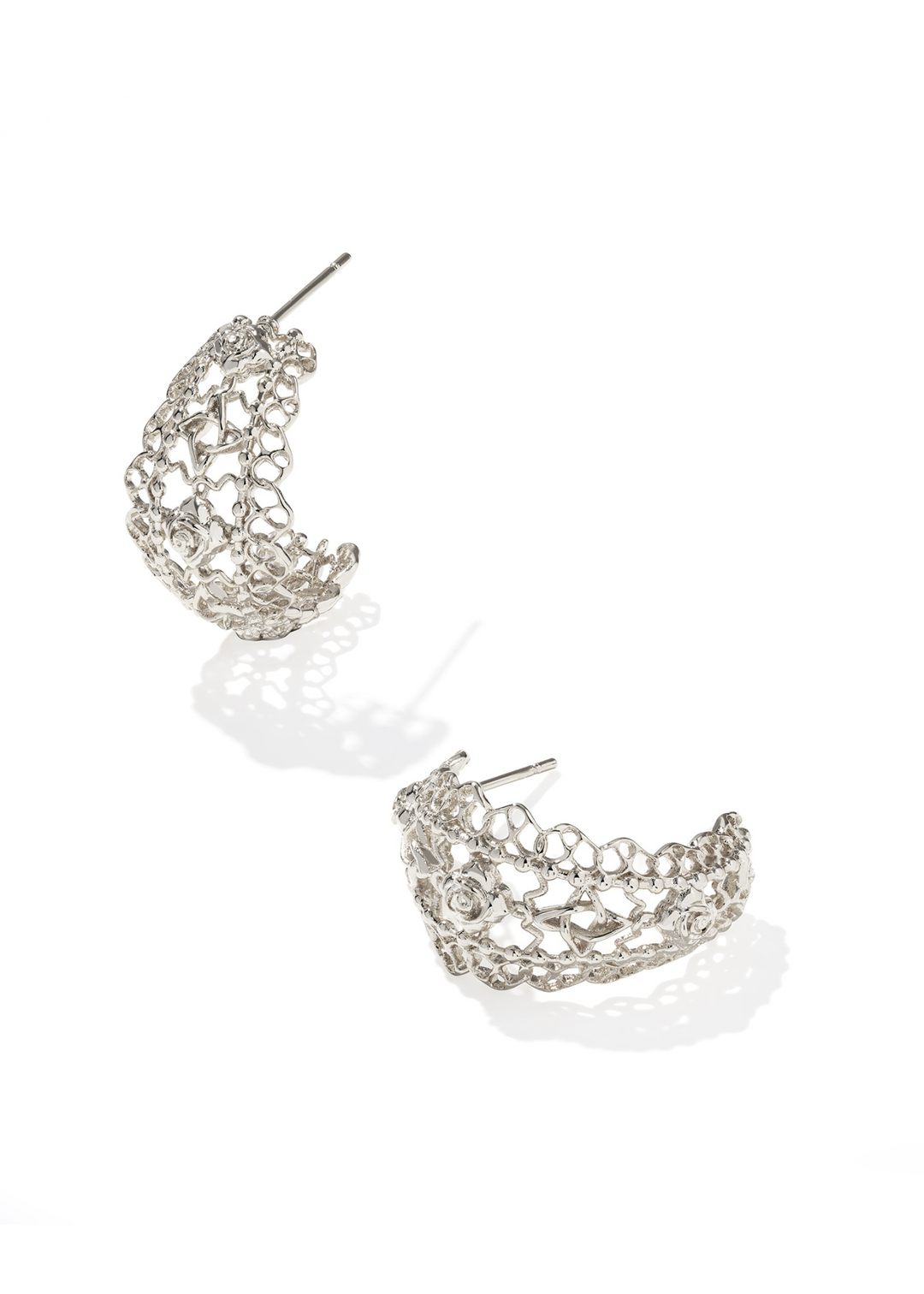 Kendra Scott Krista Lace Huggies in Rhodium on a white background