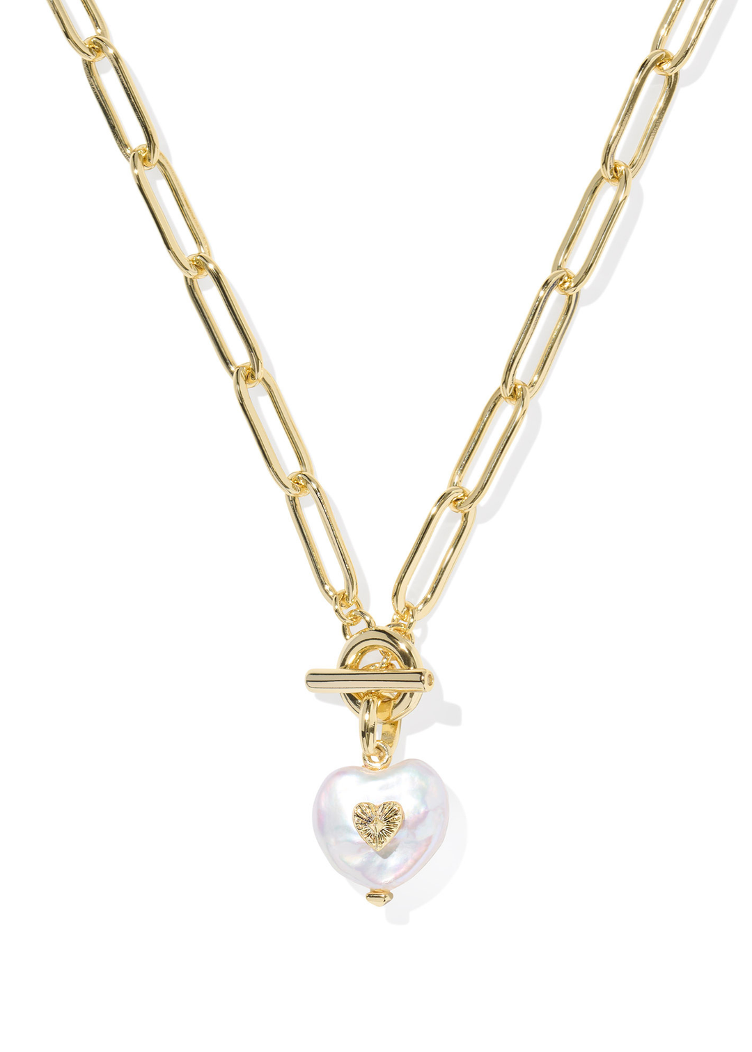 Gold chain necklace with a heart shaped pearl pendant on a white background