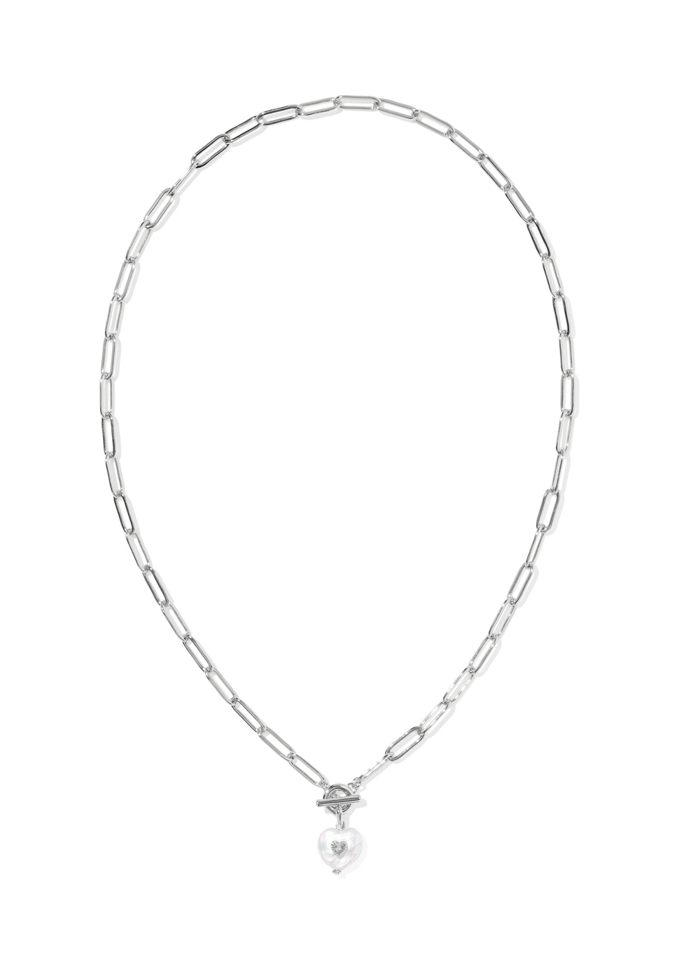 Silver chain necklace with a heart shaped pearl pendant on a white background