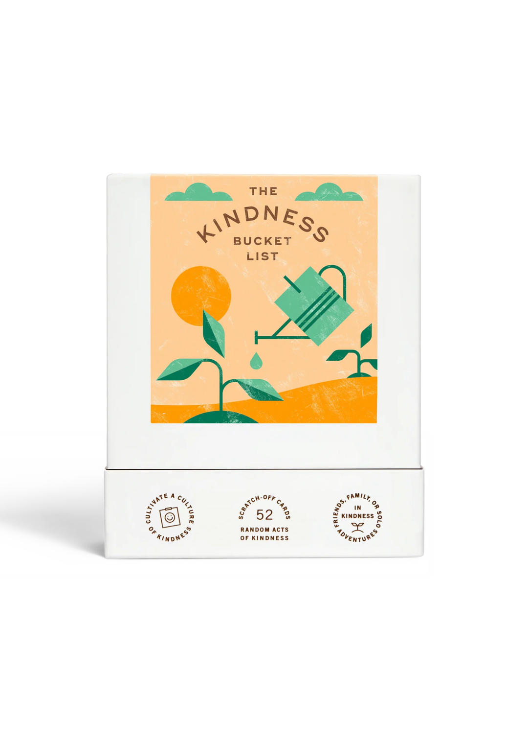 Box of "The Kindness Bucket List Cards" that is white with an orange and green graphic