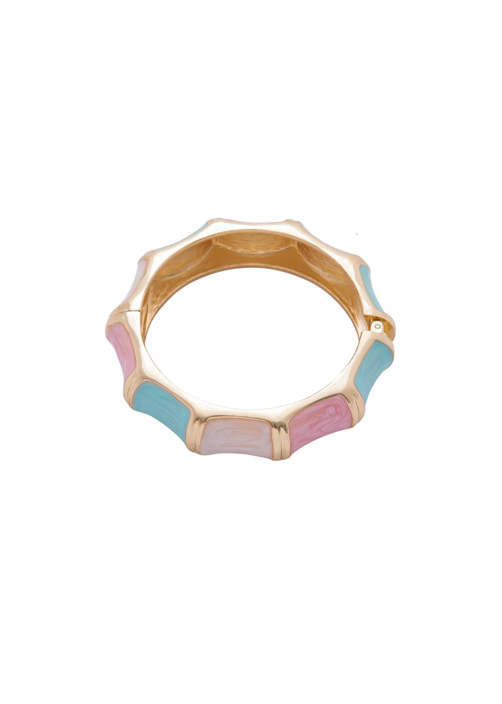 Women's gold bangle bracelet with turquoise, light pink, and beige sections