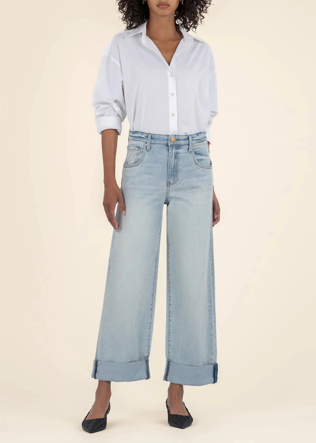 light wash high rise wide leg denim jeans with roll cuff