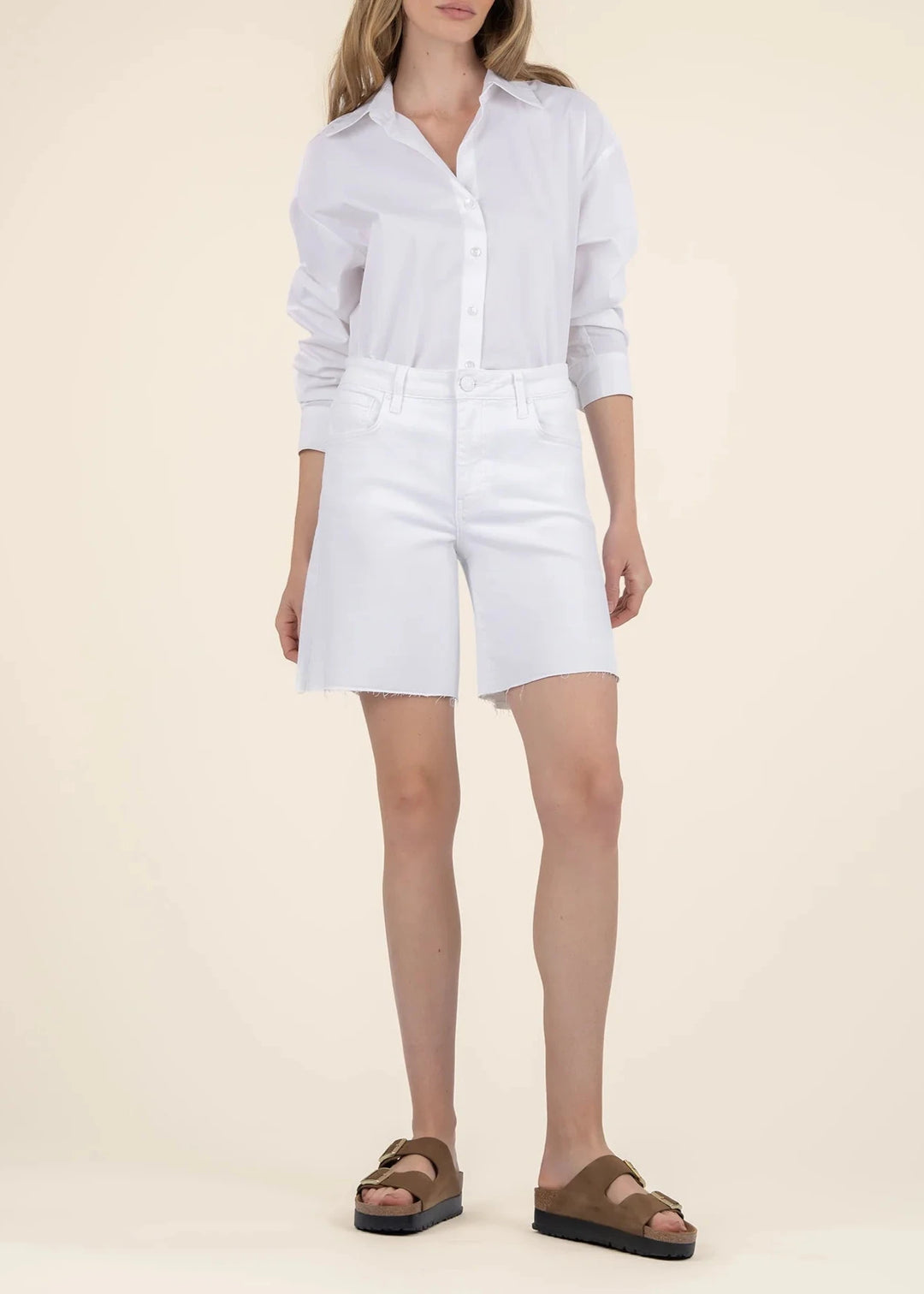 Kut from the Kloth white high rise denim Bermuda shorts with raw hem