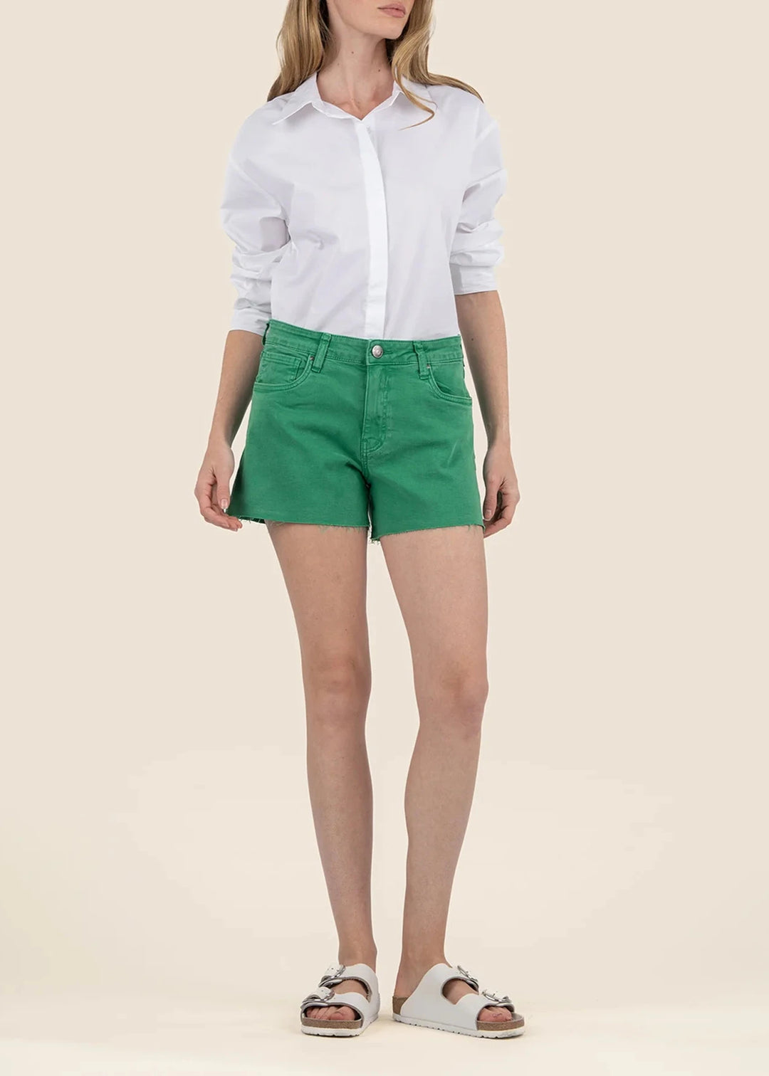 women's high rise raw hem green denim shorts