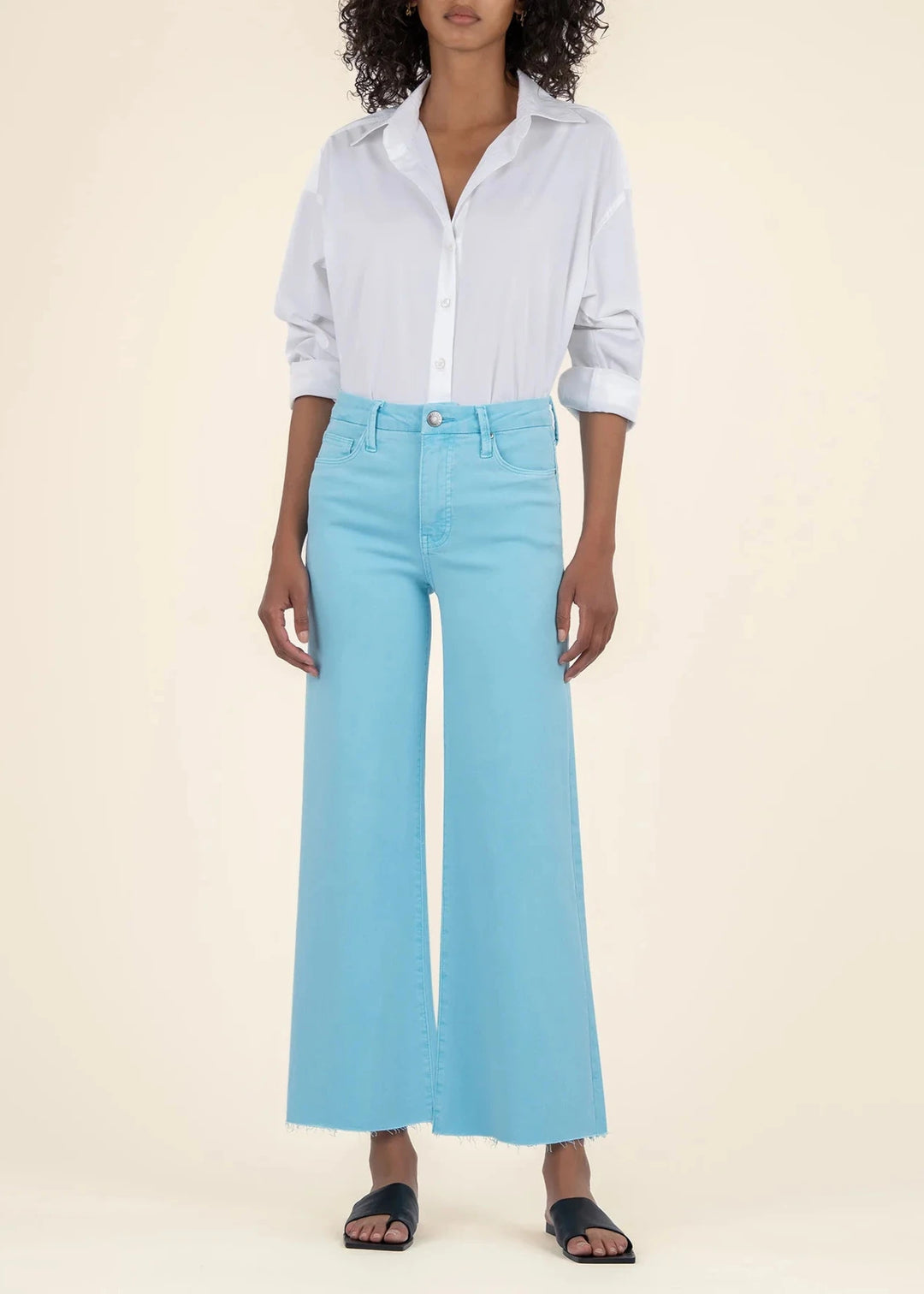 Women's wide leg bright blue wide leg raw hem jeans