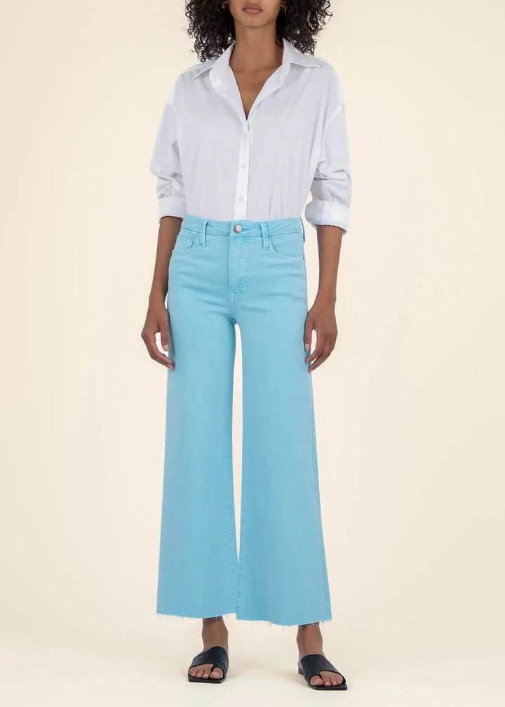 Women's wide leg bright blue wide leg raw hem jeans
