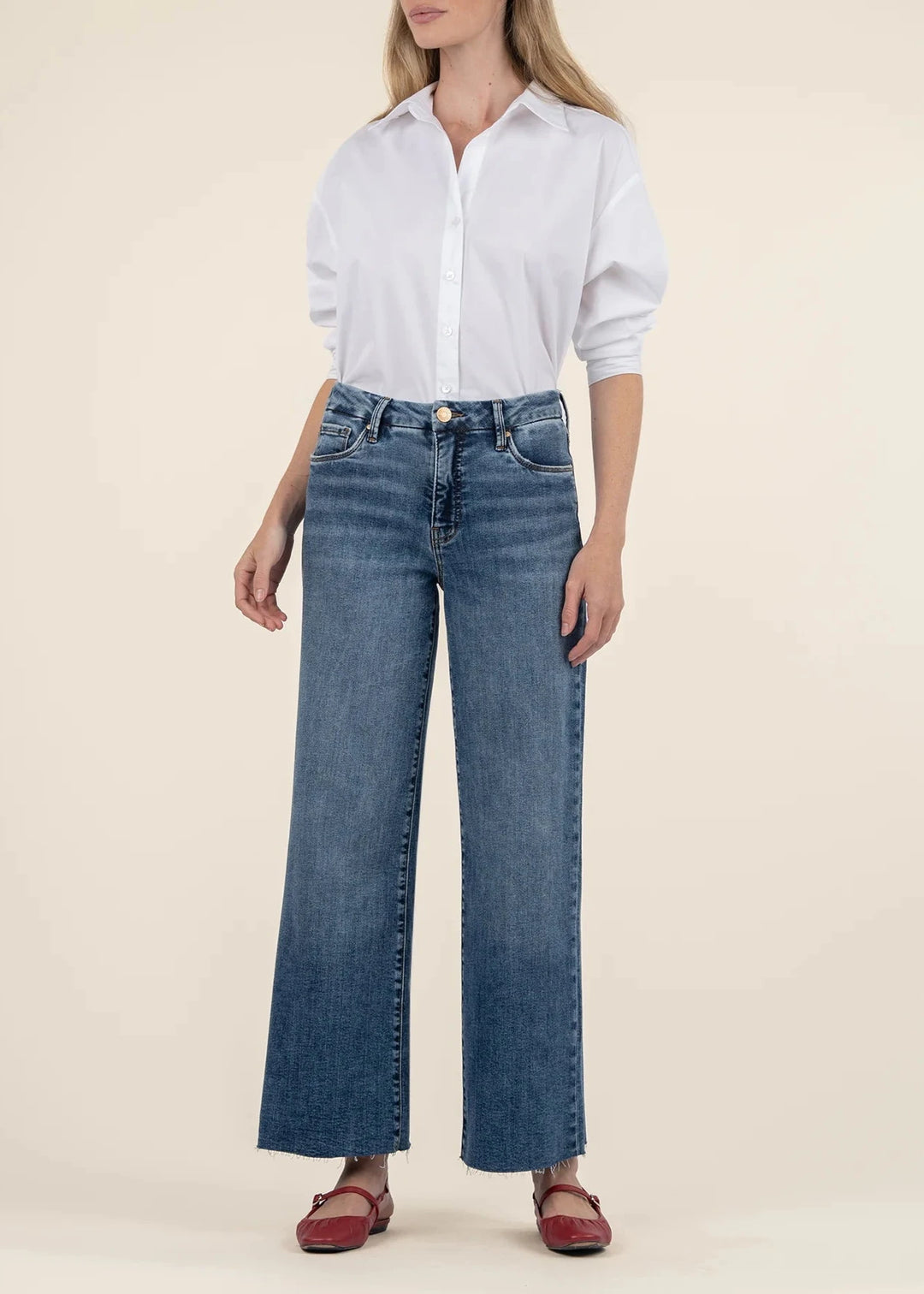 Kut From the Kloth medium wash wide leg raw hem high rise jeans