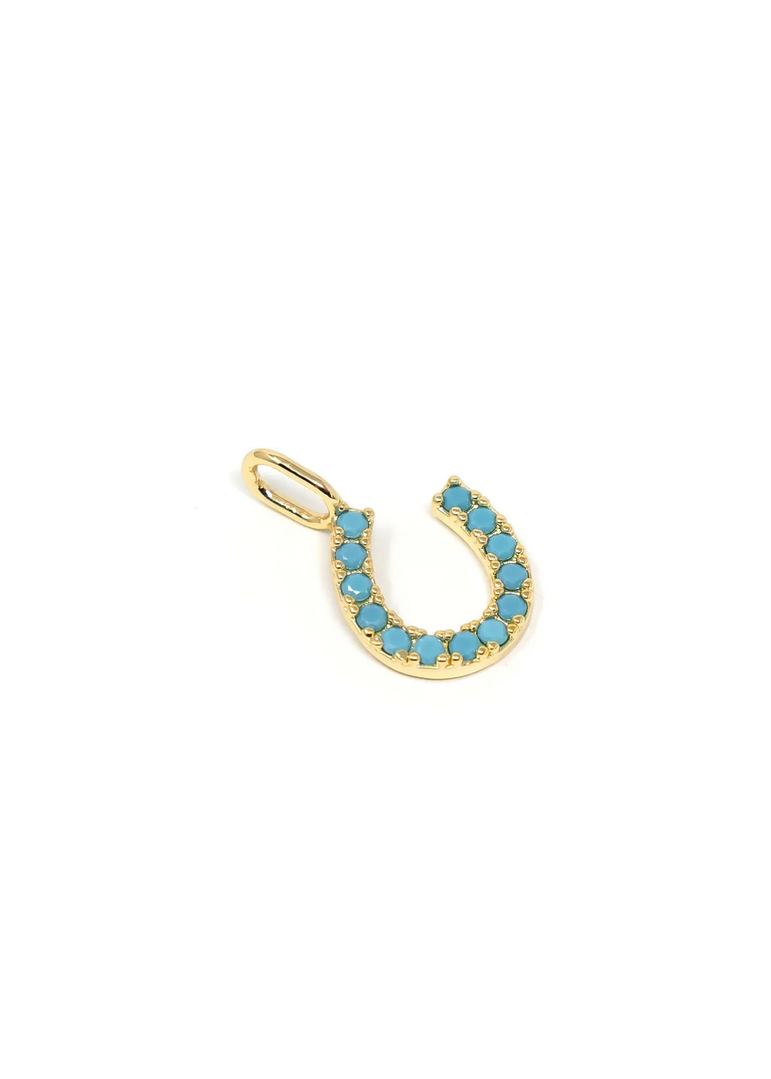 Gold horseshoe charm with turquoise beading on a white background