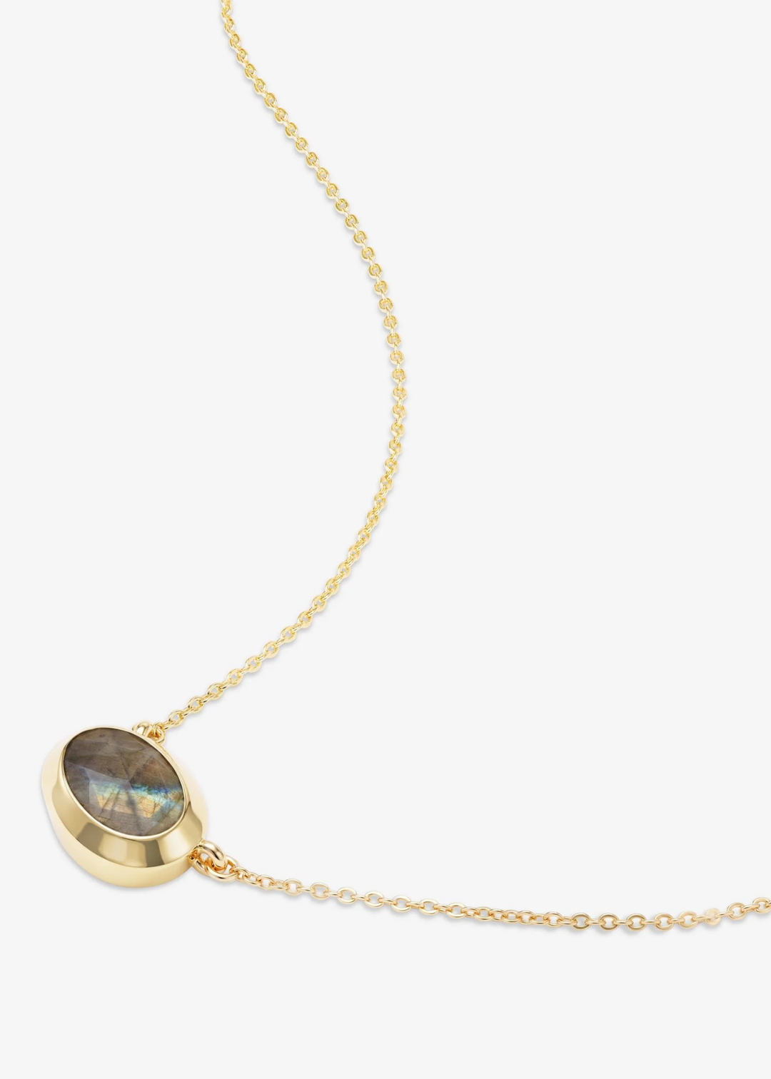 Gold framed labradorite pendant necklace on a white background