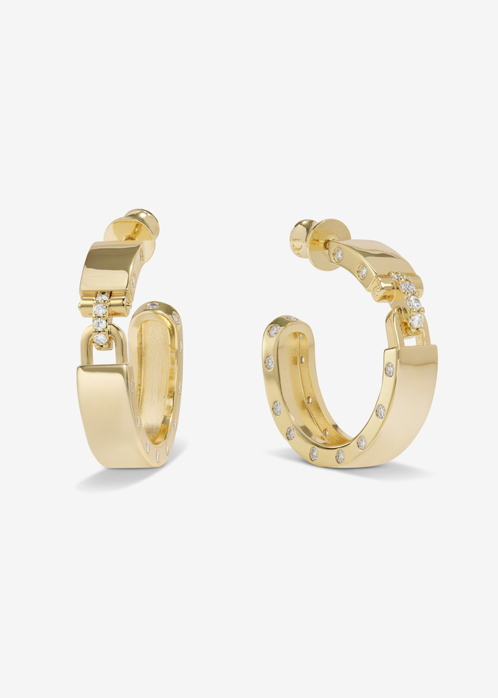 Pair of gold hoops with a lock design