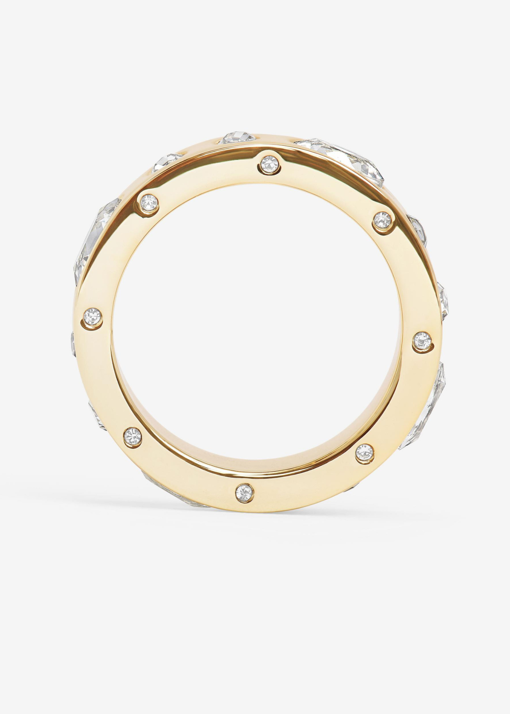 Gold band ring with CZ studs on a white background