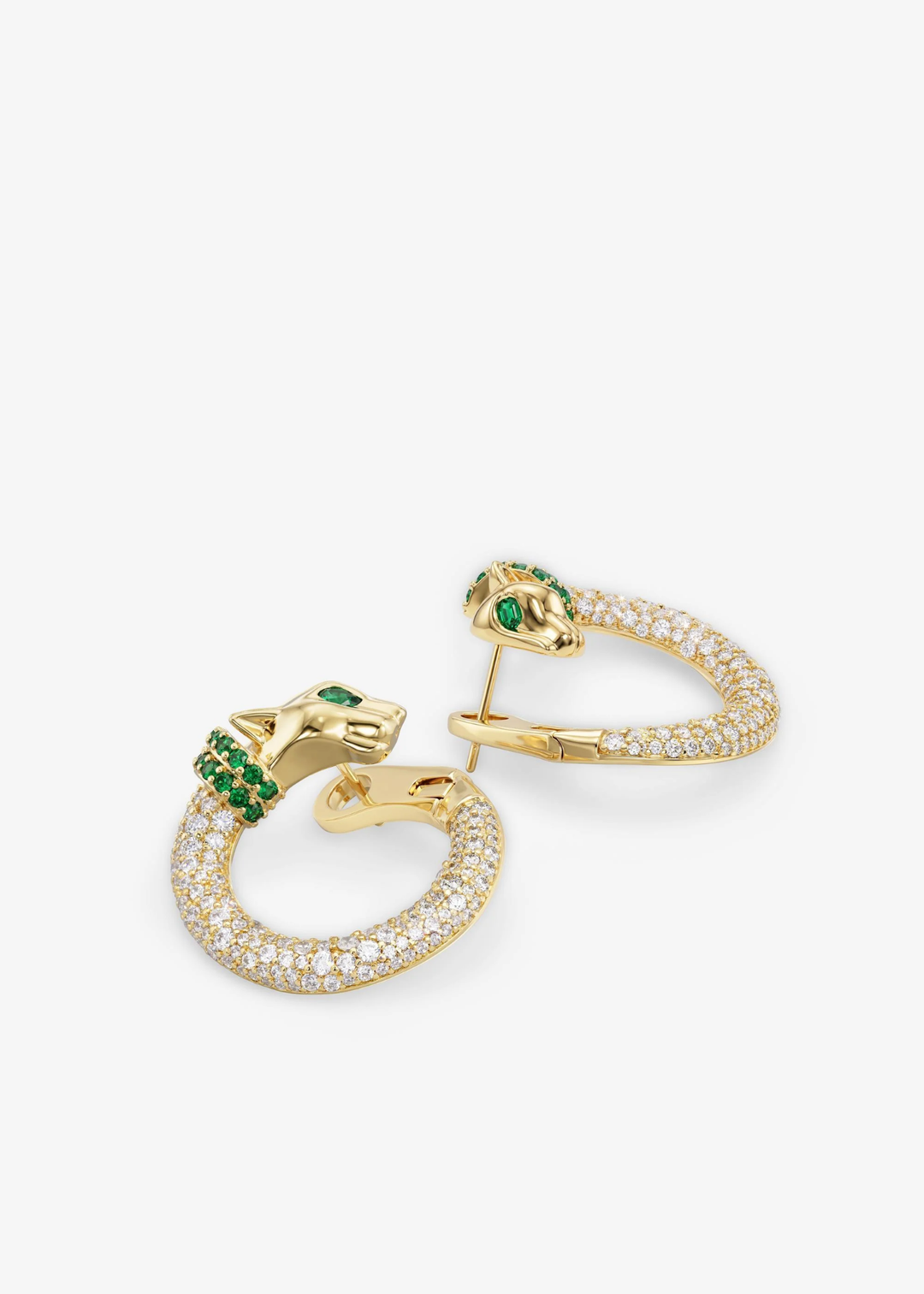 Gold pave hoops with simulated emeralds and a jaguar clasp on a white background