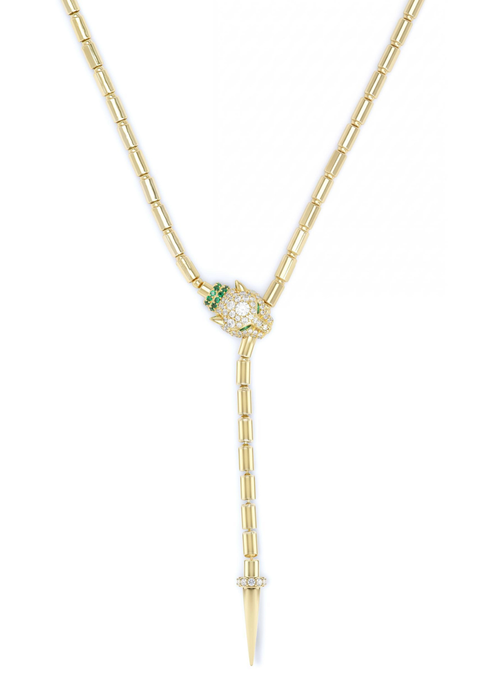 Gold lariat necklace with a jaguar head clasp