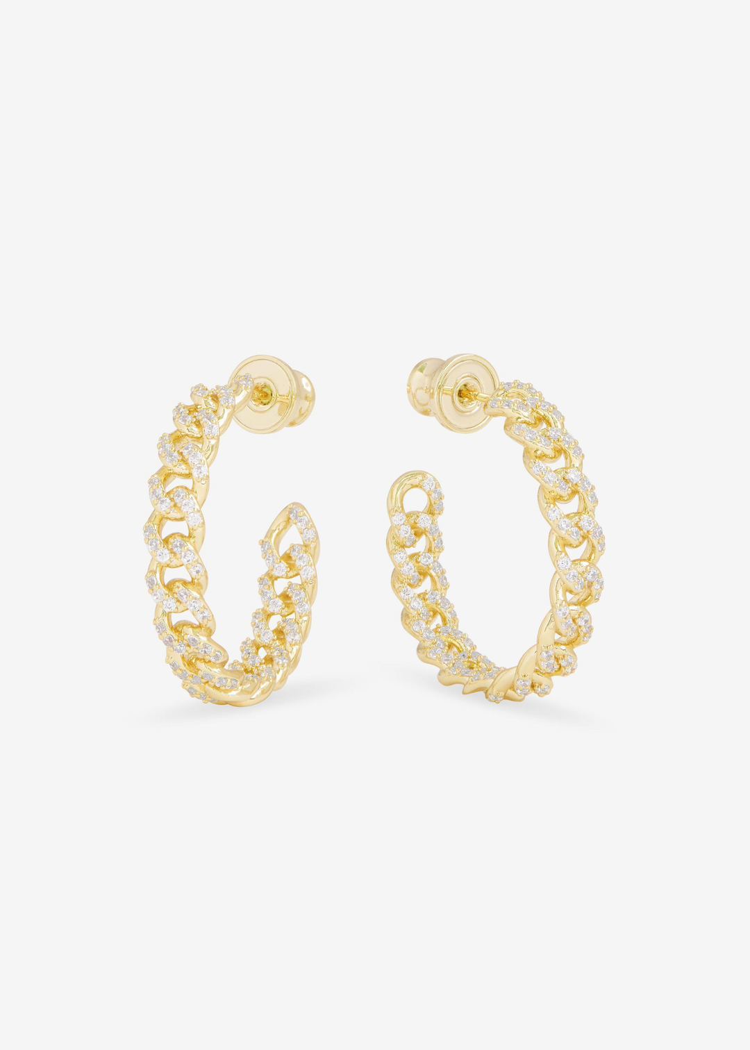 A pair of gold pave chain style hoops against a white background