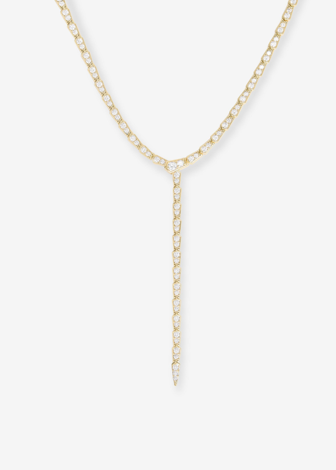 Gold lariat necklace with simulated diamonds on a white background