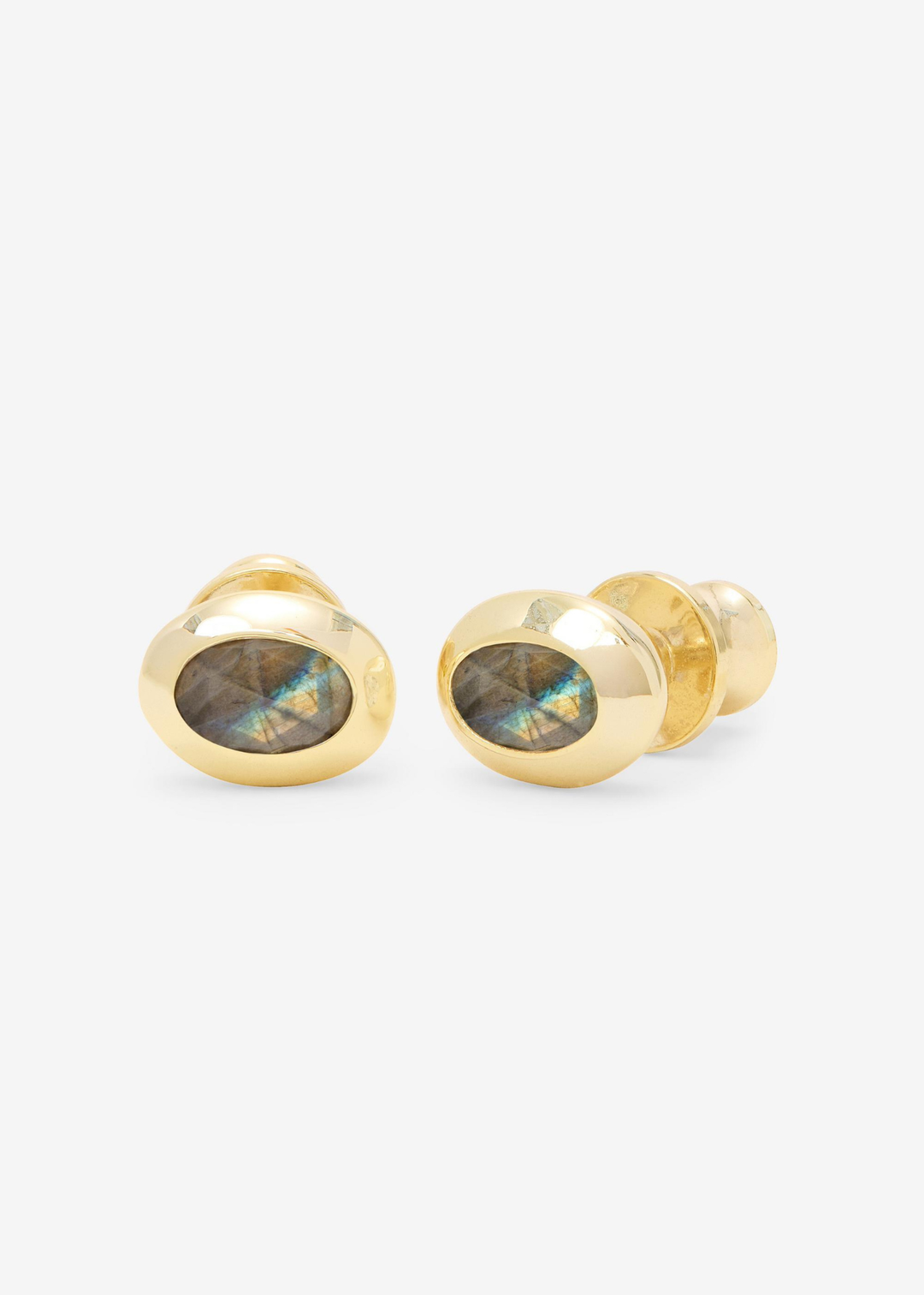 Gold framed labradorite stud earrings on a white background