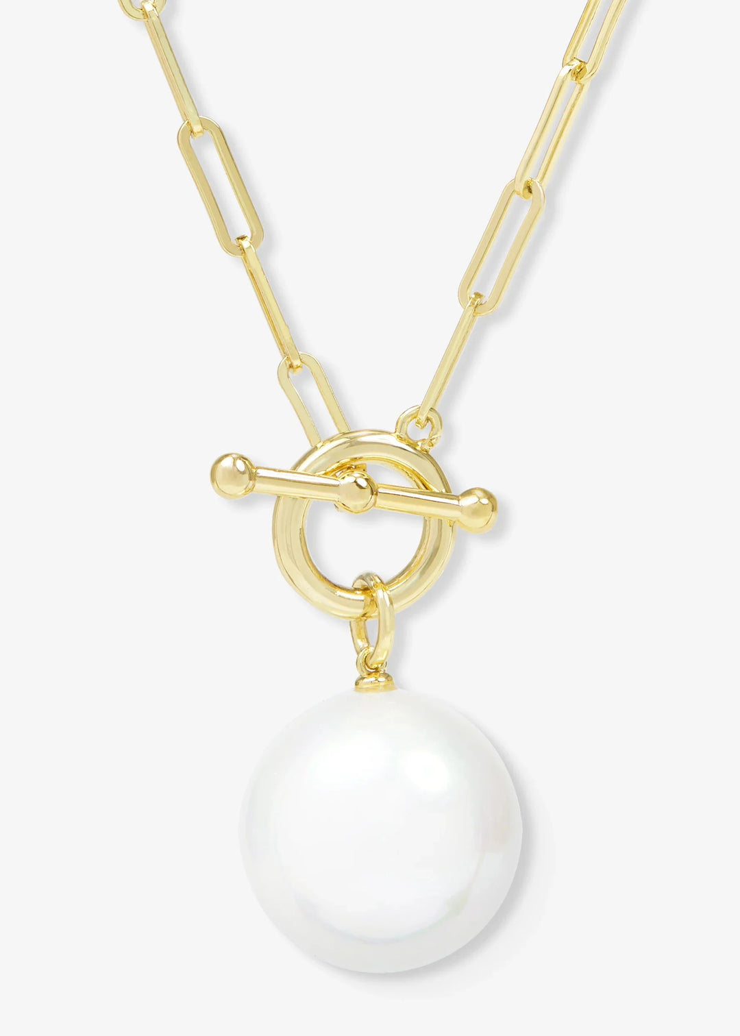 Melinda Maria gold paperclip chain toggle clasp necklace with XL pearl pendant