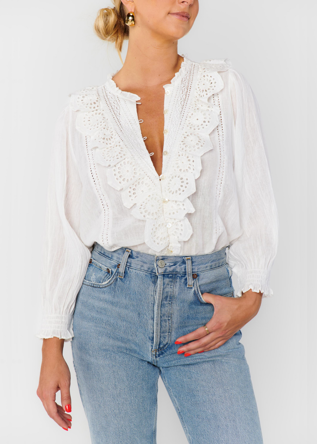 Show Me Your Mumu French Blouse in White Eyelet