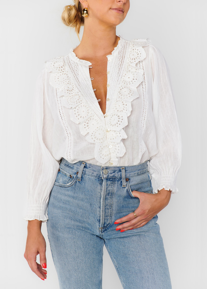 Show Me Your Mumu French Blouse in White Eyelet