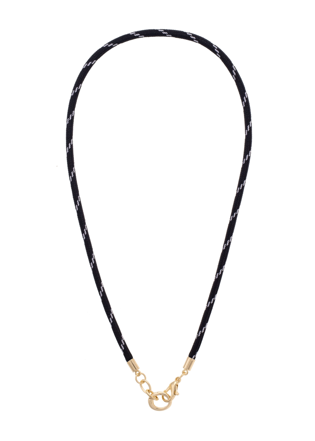Black paracord necklace with a gold clasp on a white background