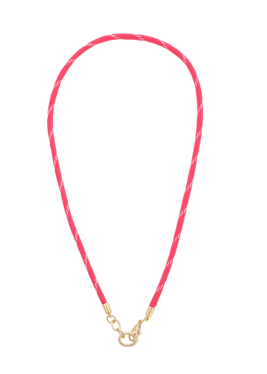 Pink paracord necklace with a gold clasp on a white background