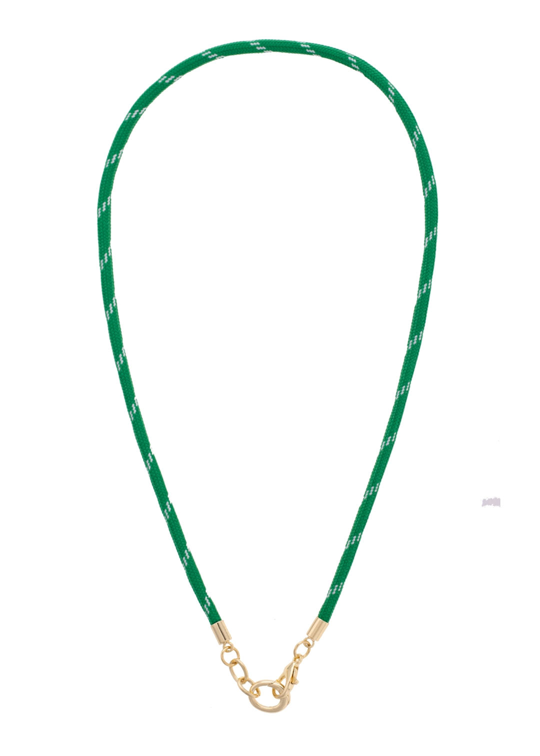 Kelly green paracord necklace with a gold clasp on a white background