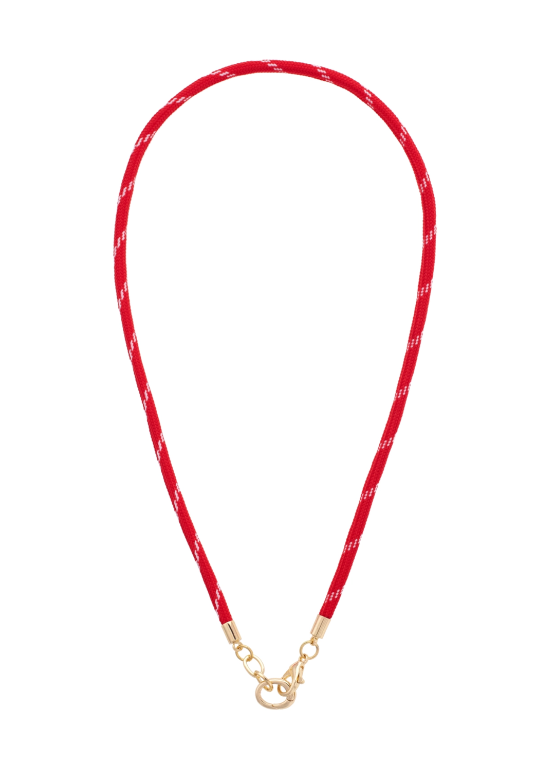 Red paracord necklace with a gold clasp on a white background