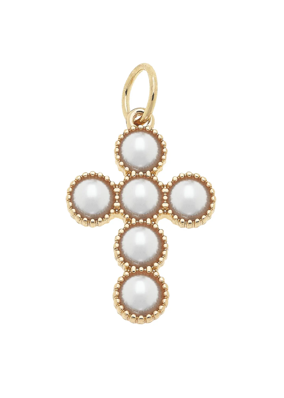 Pearl studded gold framed cross charm on a white background
