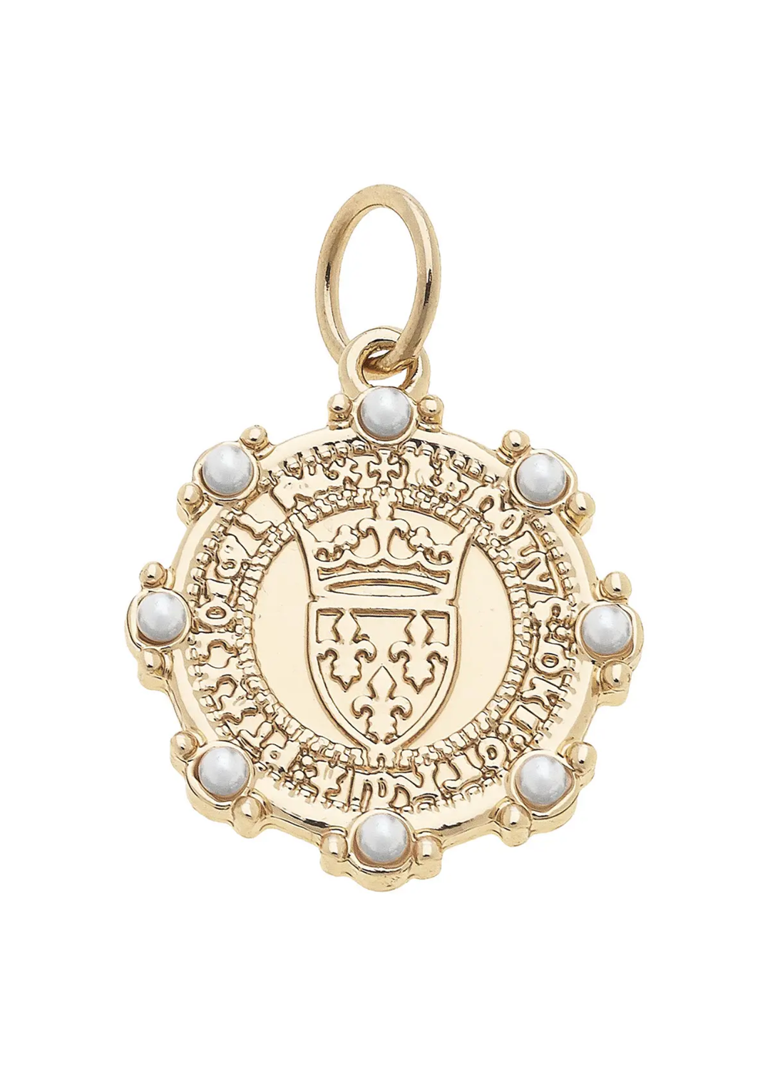 Gold coin charm studded with pearls on a white background