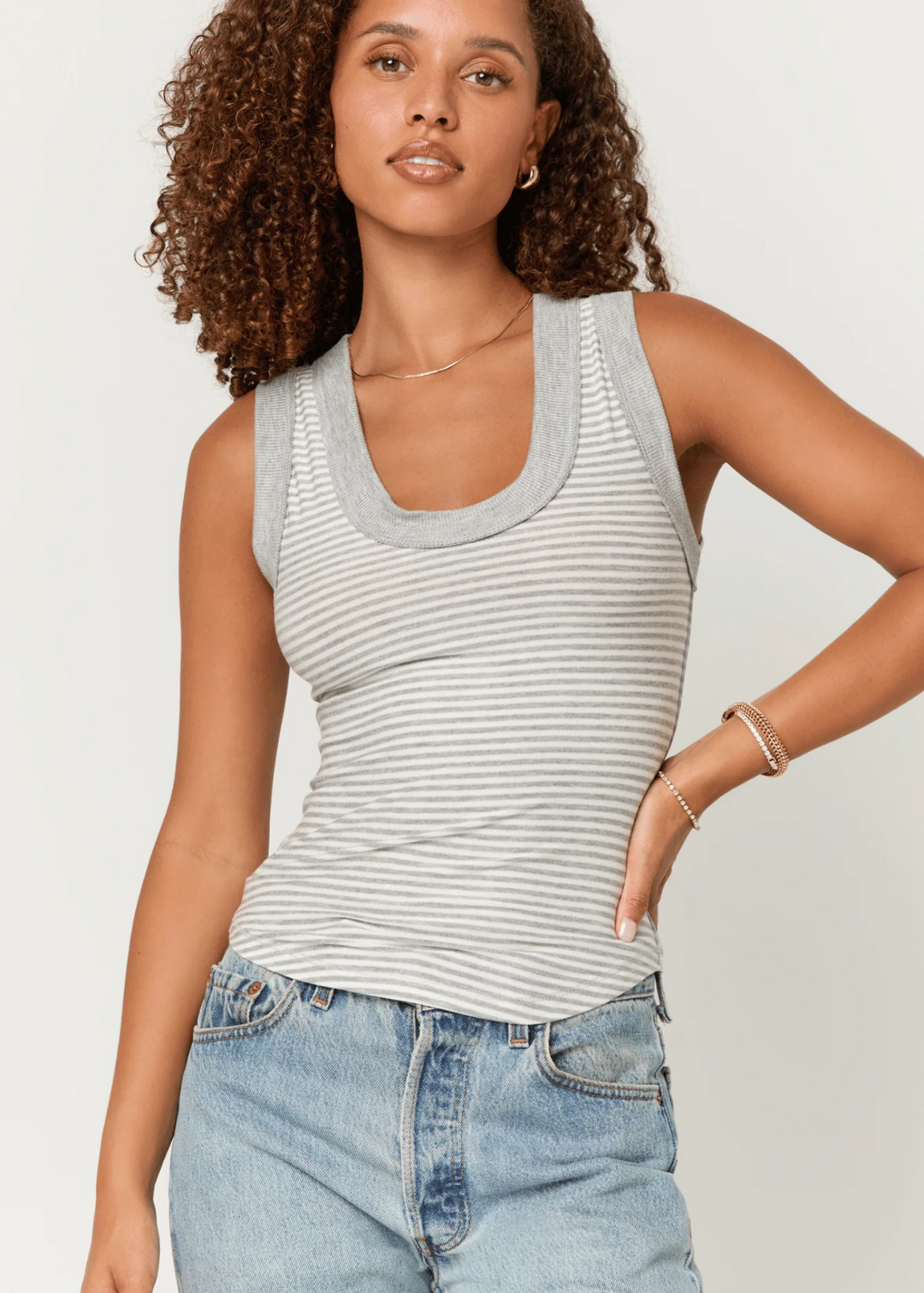 Project Social T heather grey and white horizontal stripe tank top with grey hem details 