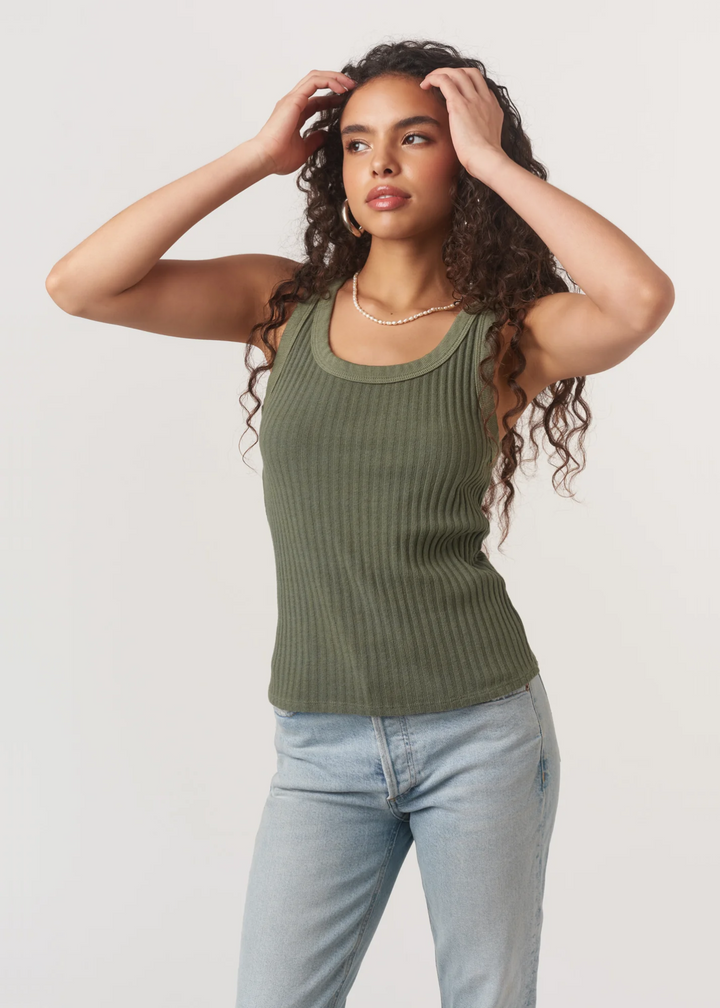 green ribbed racerback scoop neck women's tank top