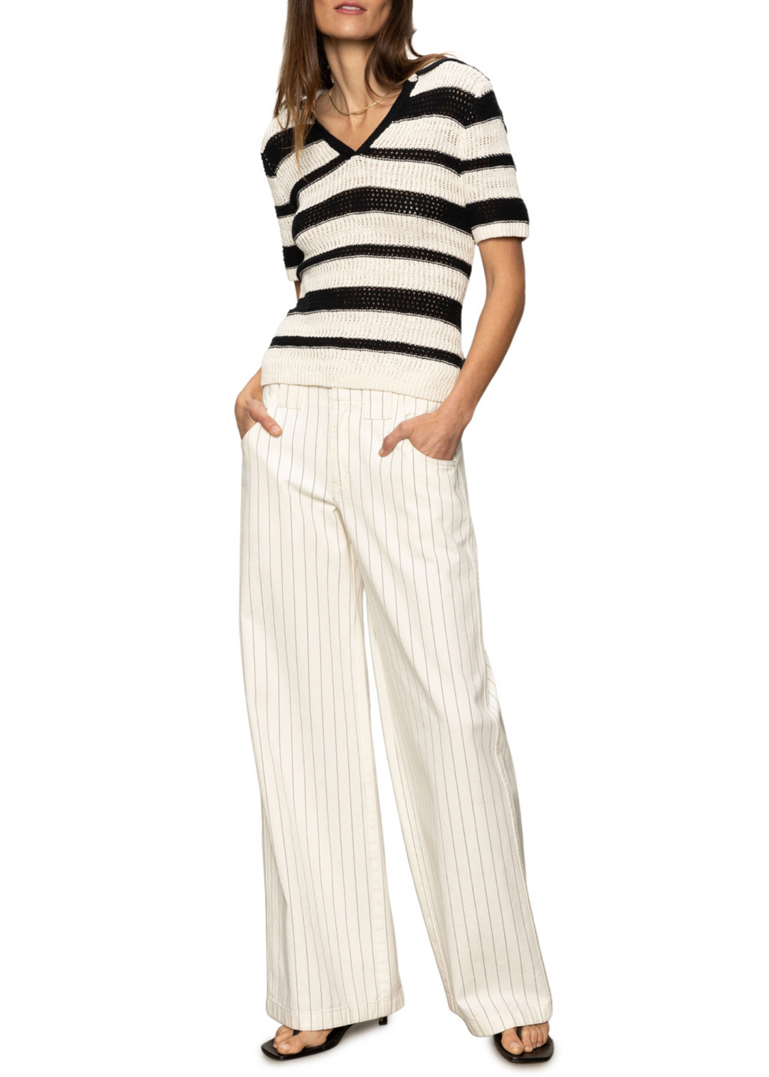 Sanctuary Clothing Arden Wide Leg Pants in Bleached White Pinstripe