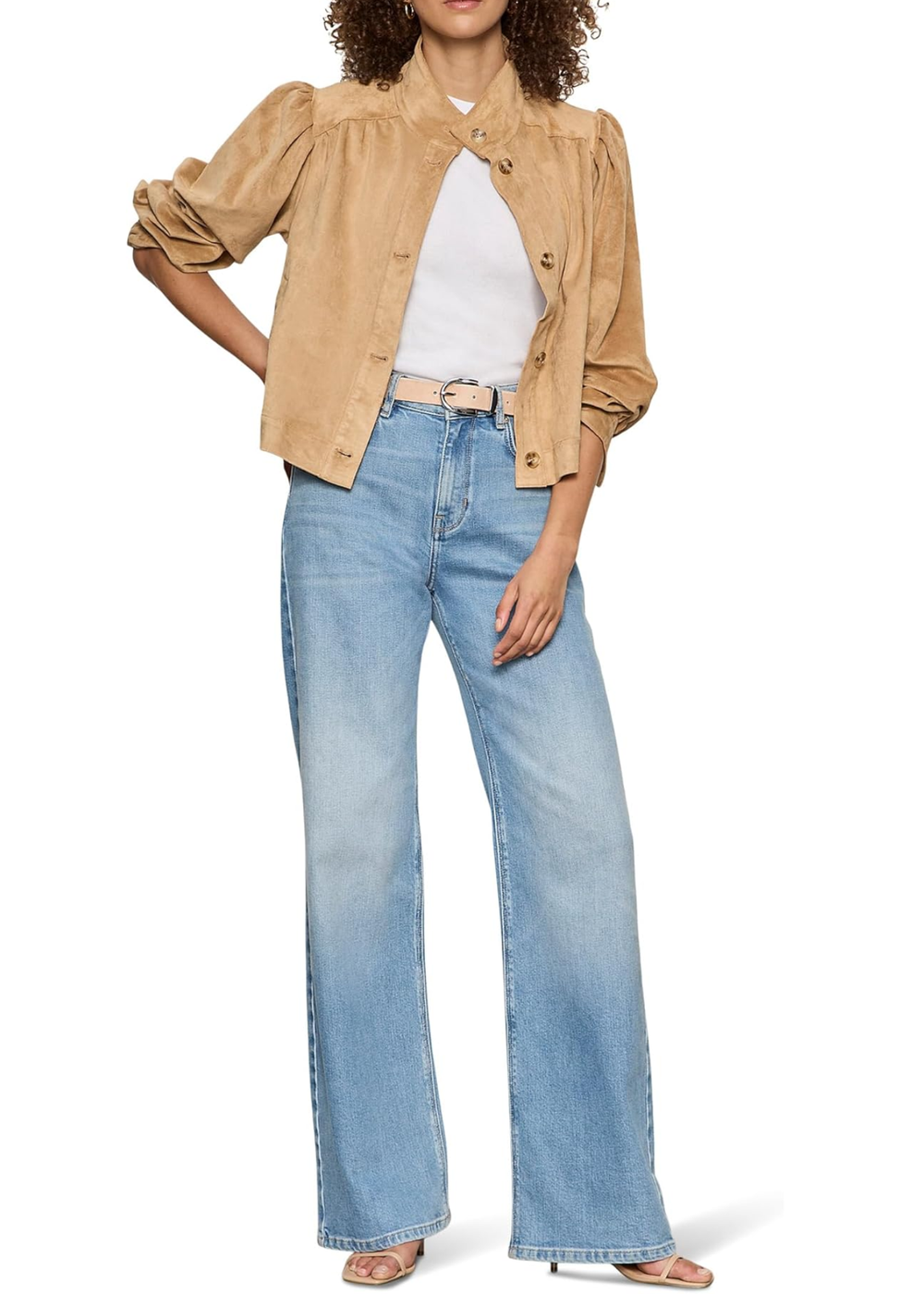 Woman wearing a brown suede jacket